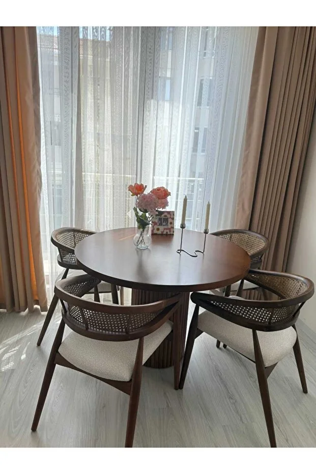 Yuvarlak Ahşap Gazel Masa Takımı Bohem 4 Kişilik Mutfak Masa Sandalye Takımı İskandinav